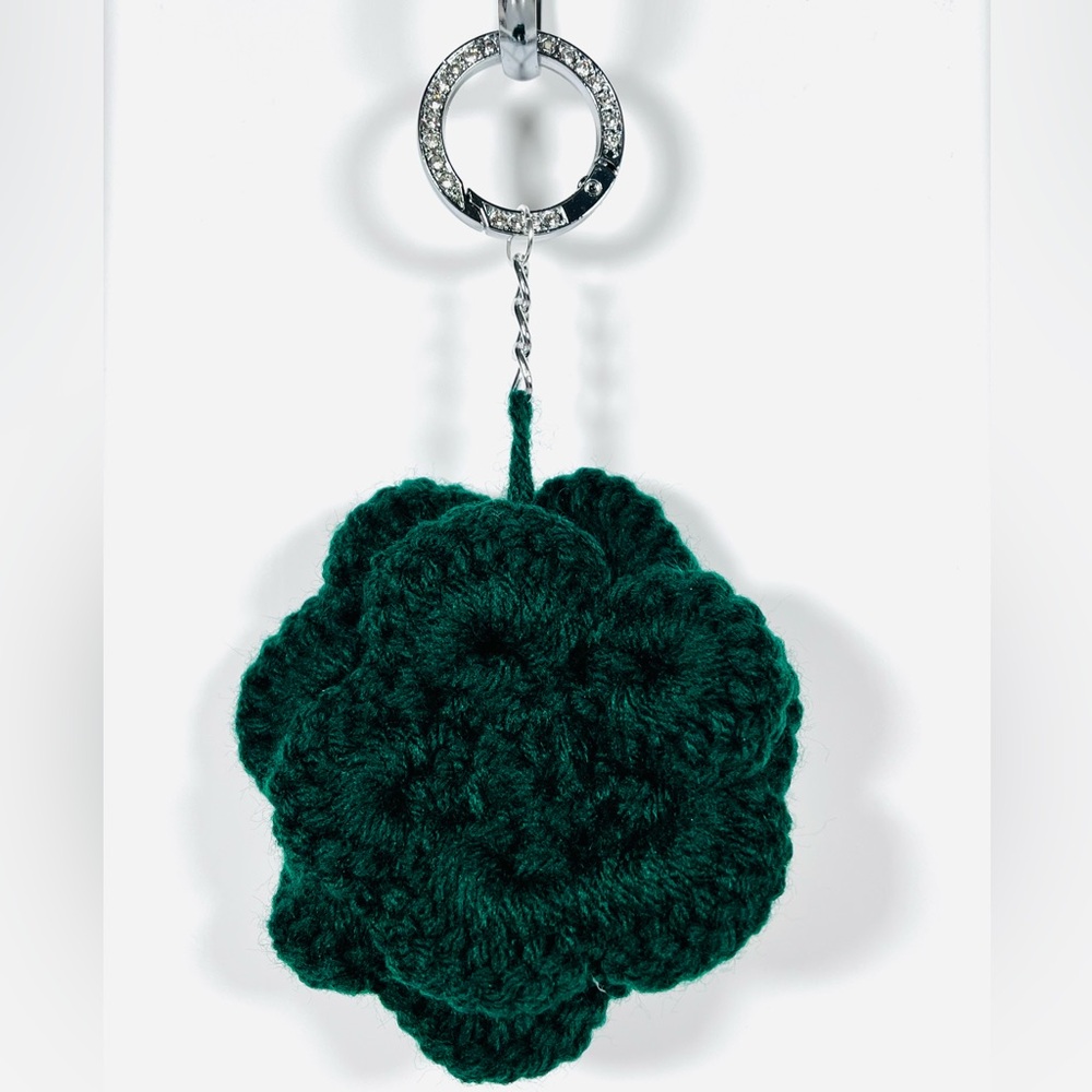 Green Crochet Flower Bag Charm with Pink Bead Center - Picture 2 of 5